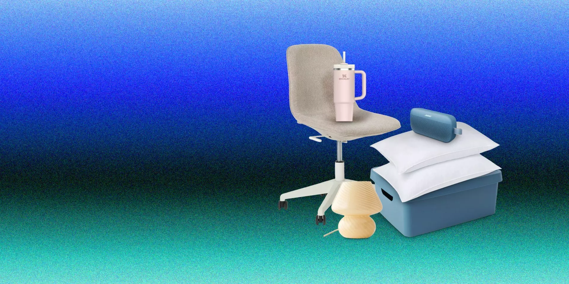 Home office chair with Stanley tumbler, storage box, pillows and portable speaker on blue gradient background