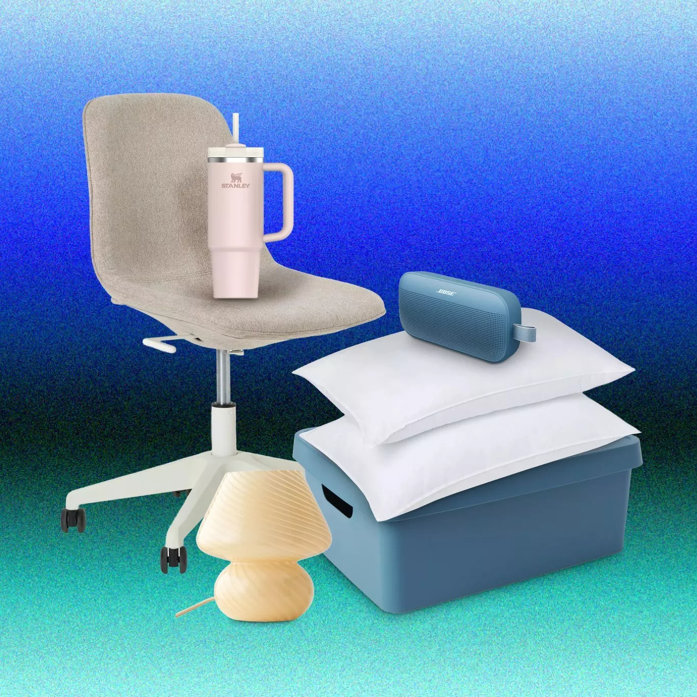 Home essentials still life: office chair with tumbler, pillows on storage box, lamp and Bluetooth speaker on blue backdrop