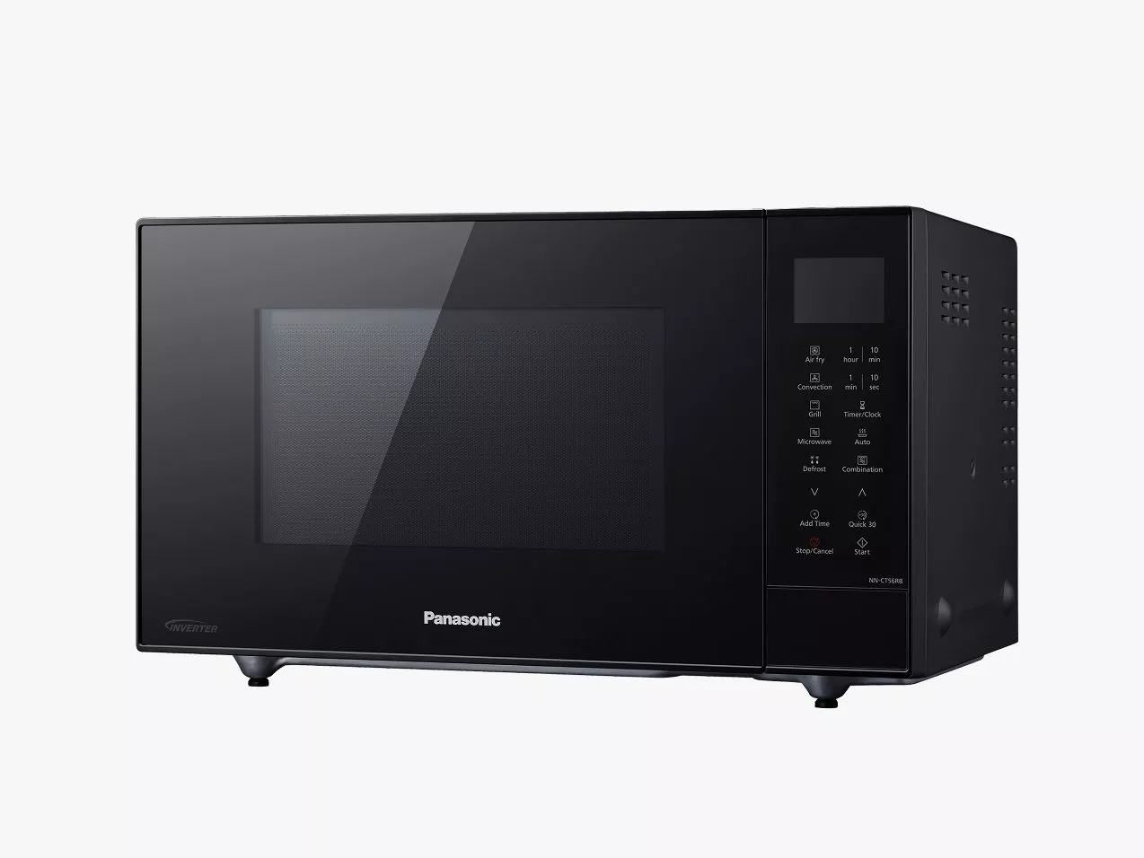 Black Panasonic inverter microwave oven with touch control panel and glass door, front view on white background