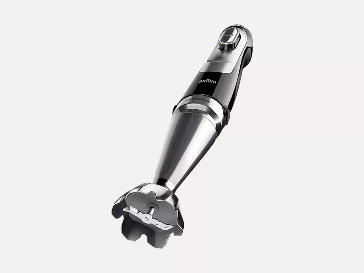 Braun stainless steel hand blender with multi-purpose blending head, black handle, isolated on white background