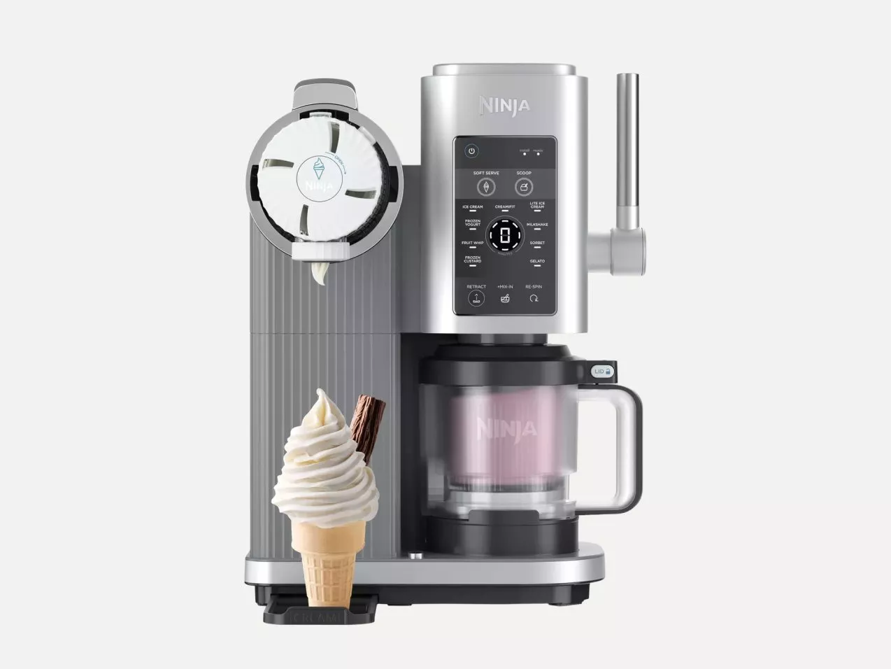 Ninja Creami ice cream maker with digital controls, mixing tub and vanilla soft serve cone on white background