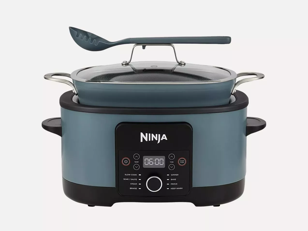 Ninja multi-cooker with blue pot, glass lid and silicone spoon, showing digital control panel on white background