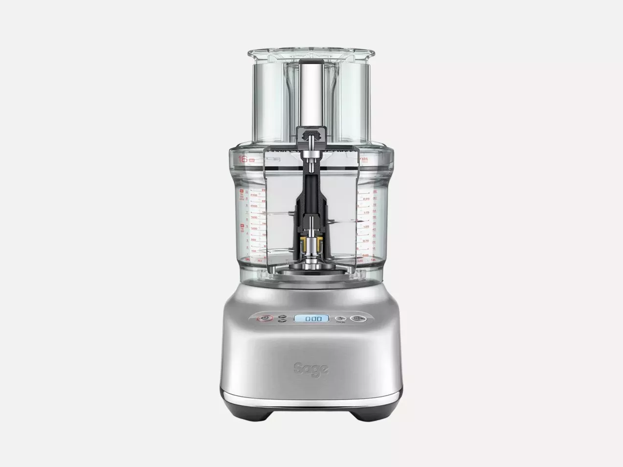 Sage food processor cutaway showing bowl, blades and motor, stainless steel base with digital control panel