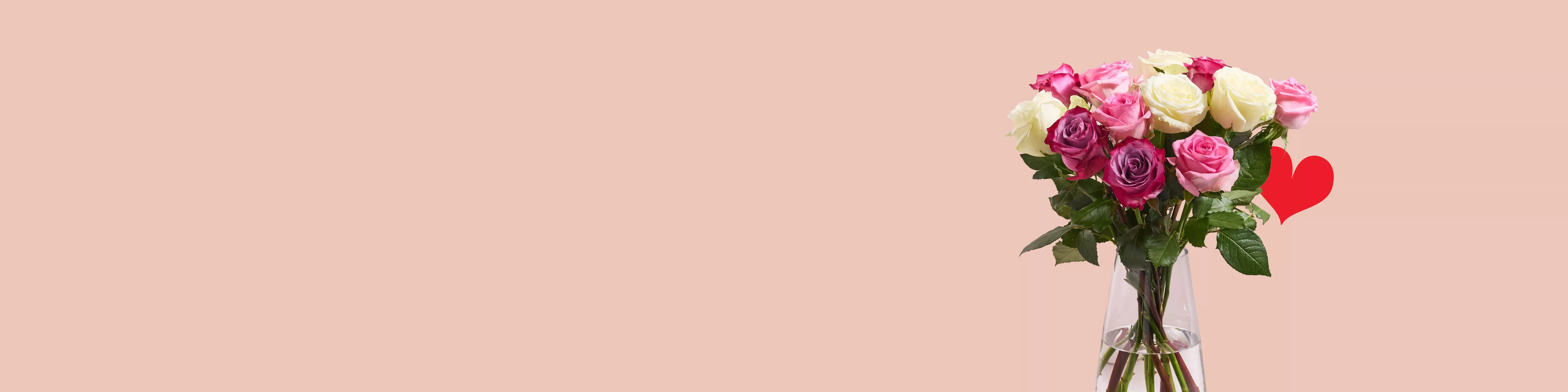 John Lewis boquet of roses on pink background