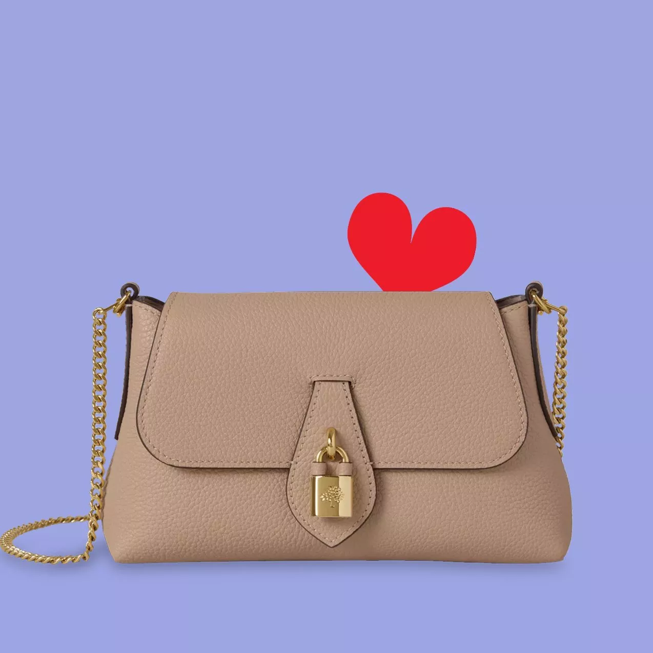 Elegant beige handbag with gold chain and lock detail on a purple background, accented by a red heart above.