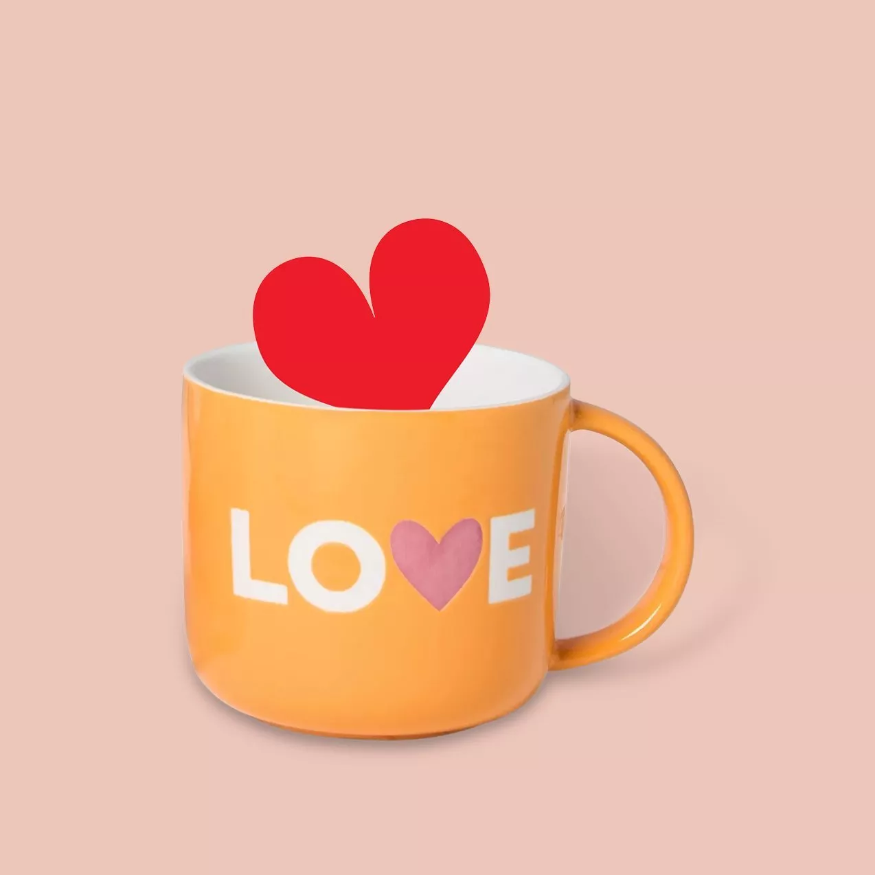 Orange mug with the word "LOVE" and a red heart emerging, set against a peach background.