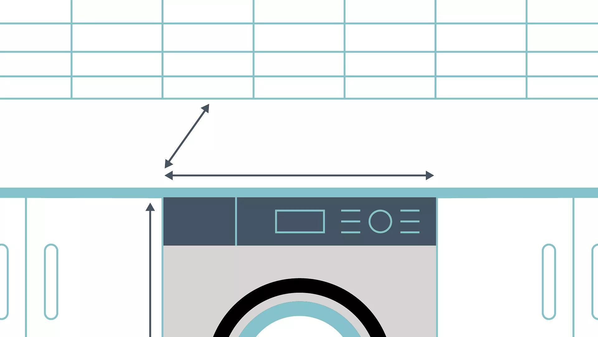 Kitchen diagram showing dishwasher dimensions under worktop, with measurement arrows for width and height.