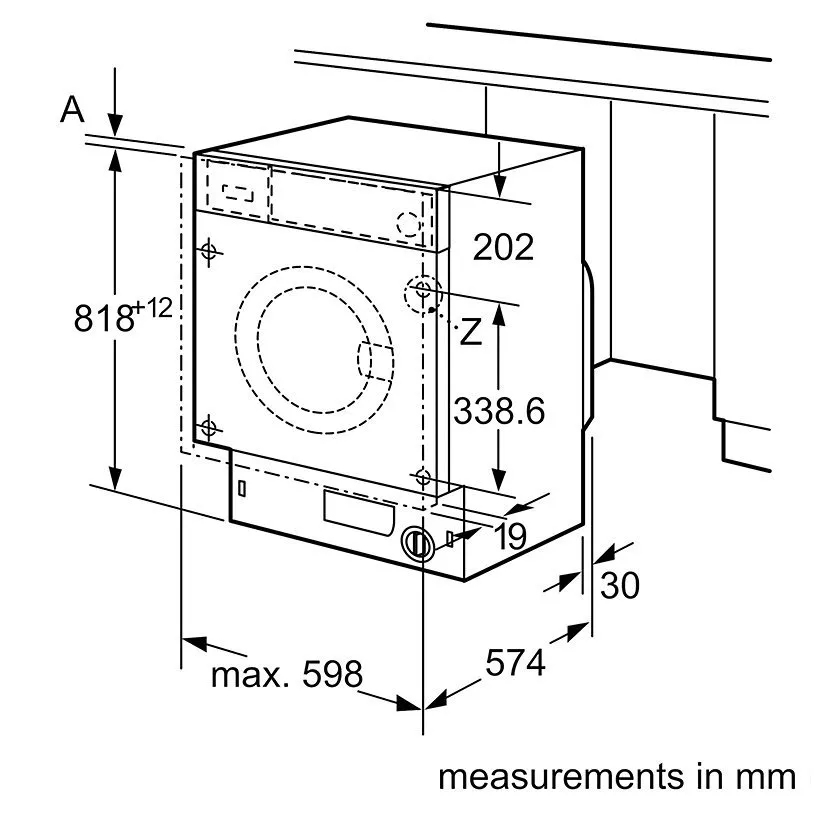 Technical line drawing of built-in washing machine installation dimensions in mm, showing height, width and depth