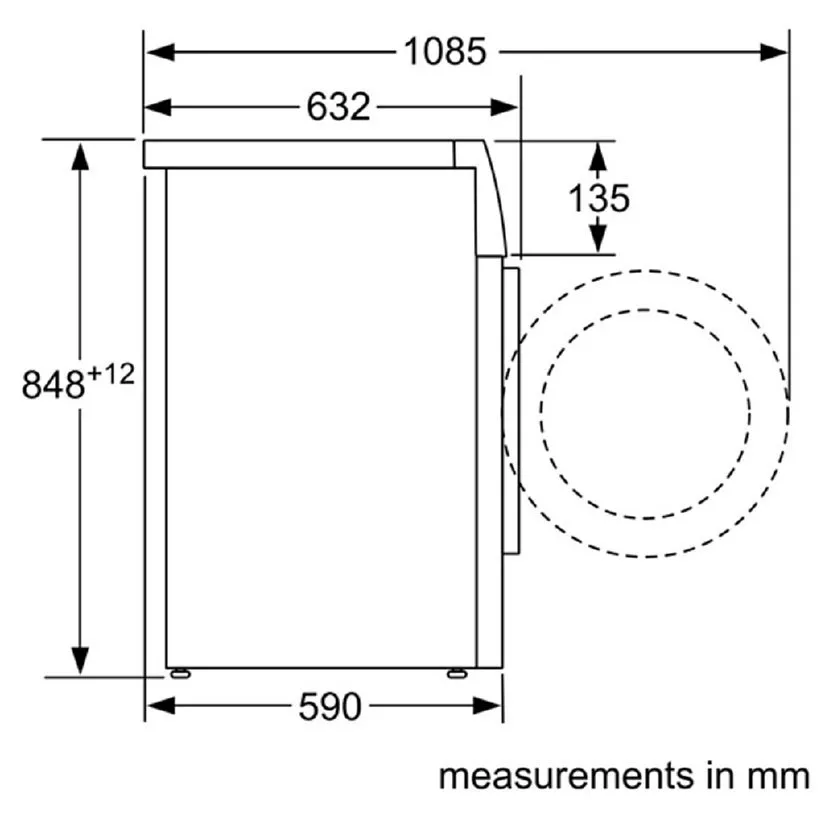 Washing machine dimension diagram in mm, showing 590mm width, 848mm height and 1085mm depth with door swing clearance.