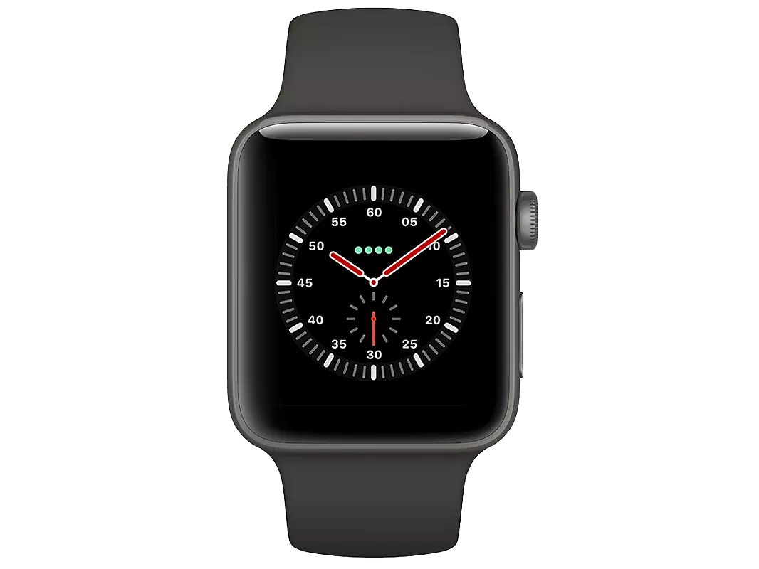 Black smartwatch with silicone strap showing analog clock face, isolated on transparent background PNG