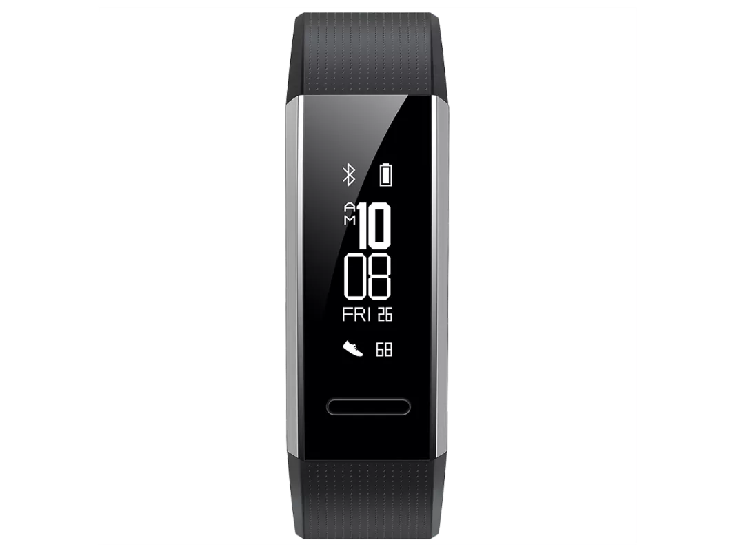Slim black fitness tracker smartwatch with digital time display, Bluetooth icon and step counter on screen.
