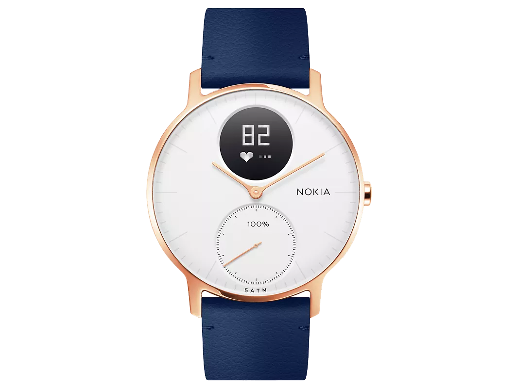 Nokia hybrid smartwatch with rose-gold case, white dial and navy leather strap, heart rate and battery display