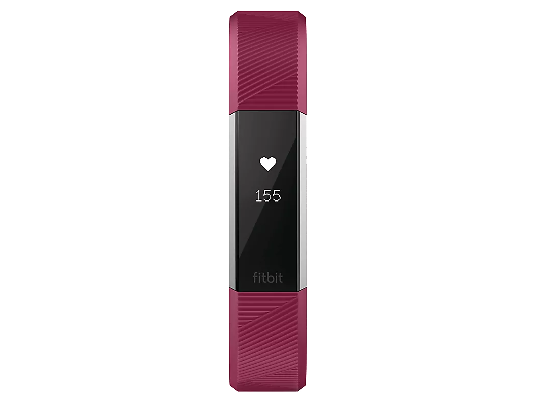 Fitbit fitness tracker with purple band showing heart icon and 155 heart rate on screen, isolated image