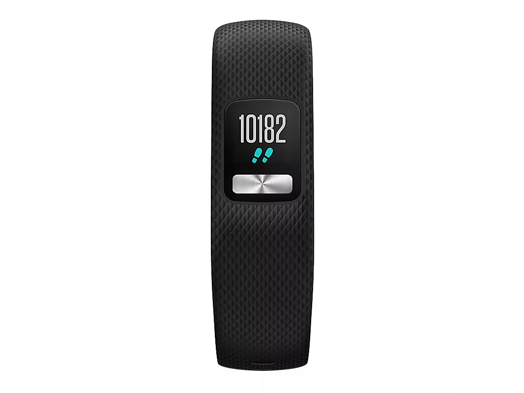 Black fitness tracker wristband with step counter display, textured band and activity tracking screen close-up