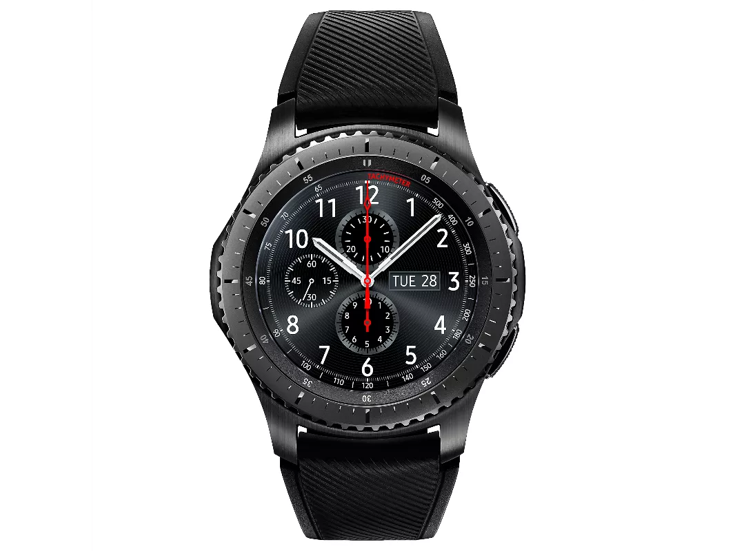 Black chronograph smartwatch close-up with tachymeter bezel, red seconds hand, and day-date display on dial