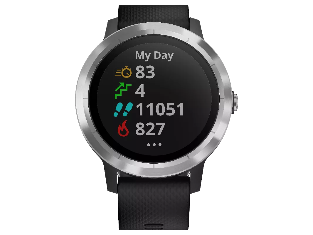 Round fitness smartwatch with black strap showing activity stats, steps and calories on “My Day” screen
