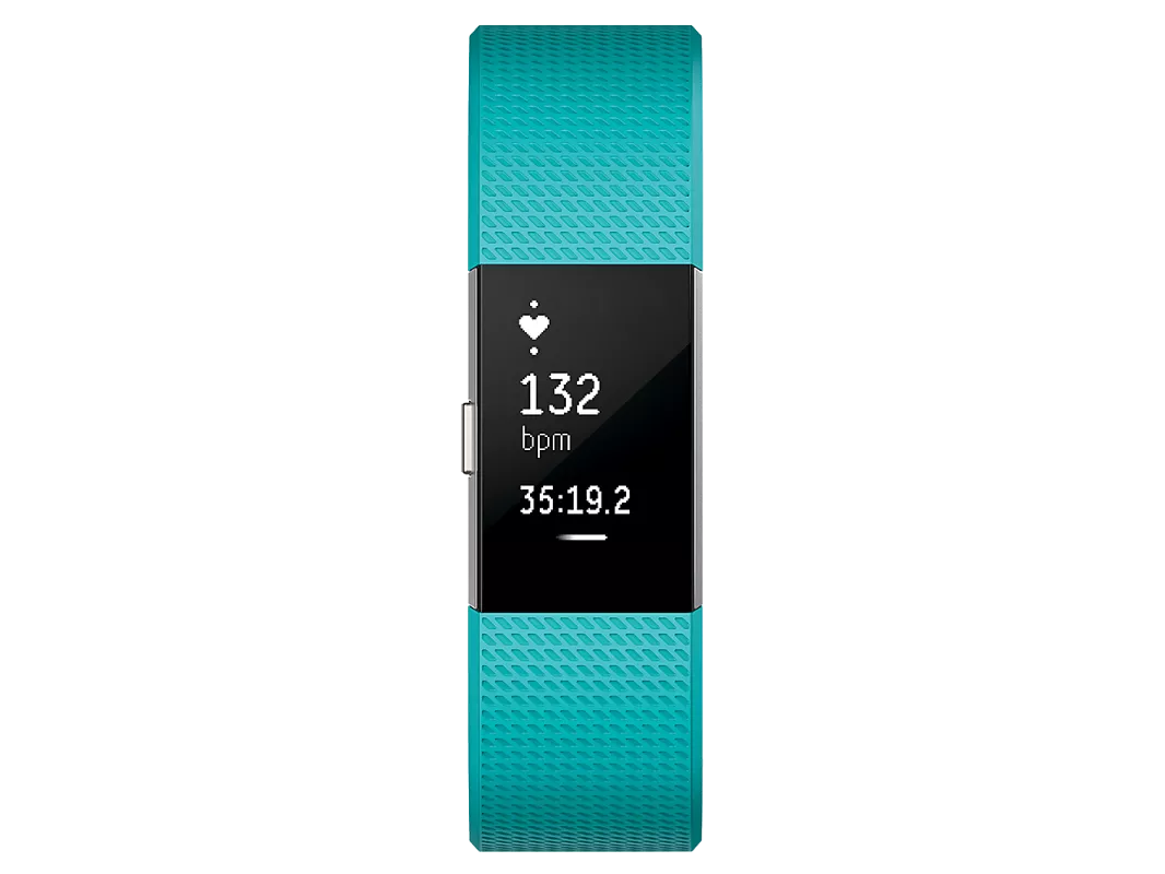 Turquoise fitness tracker smart band showing heart rate 132 bpm and workout time on touchscreen display