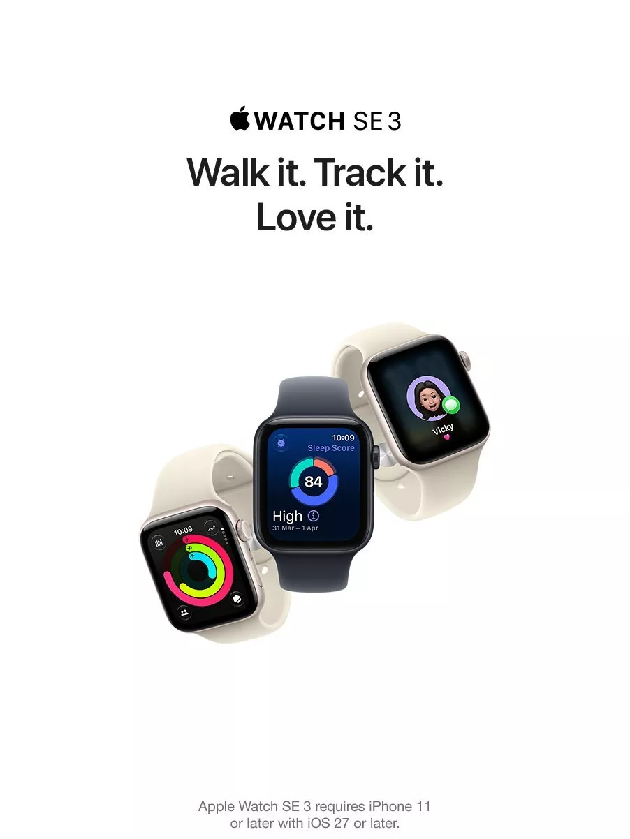 Apple Watch SE 3 advert with three smartwatches showing fitness rings, sleep score and contact on screen.