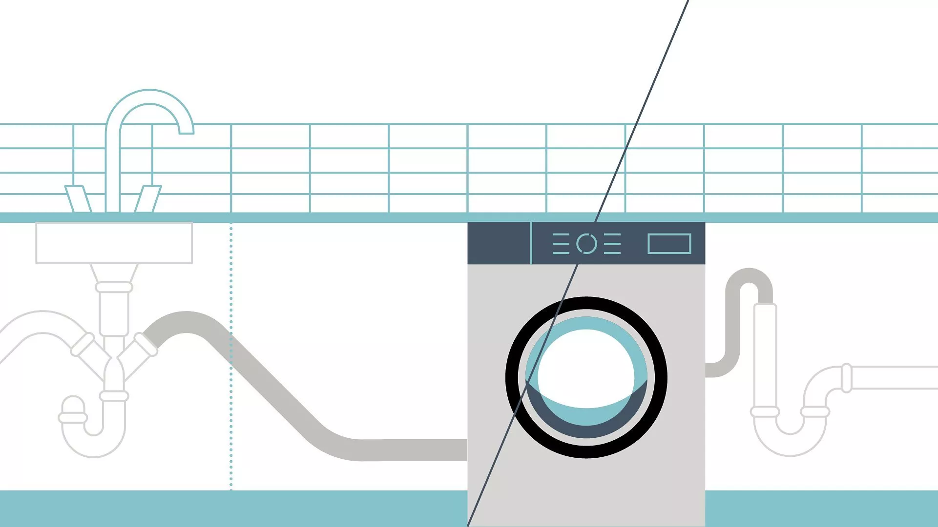 Diagram of washing machine waste pipe connected under kitchen sink, showing plumbing and drainage layout