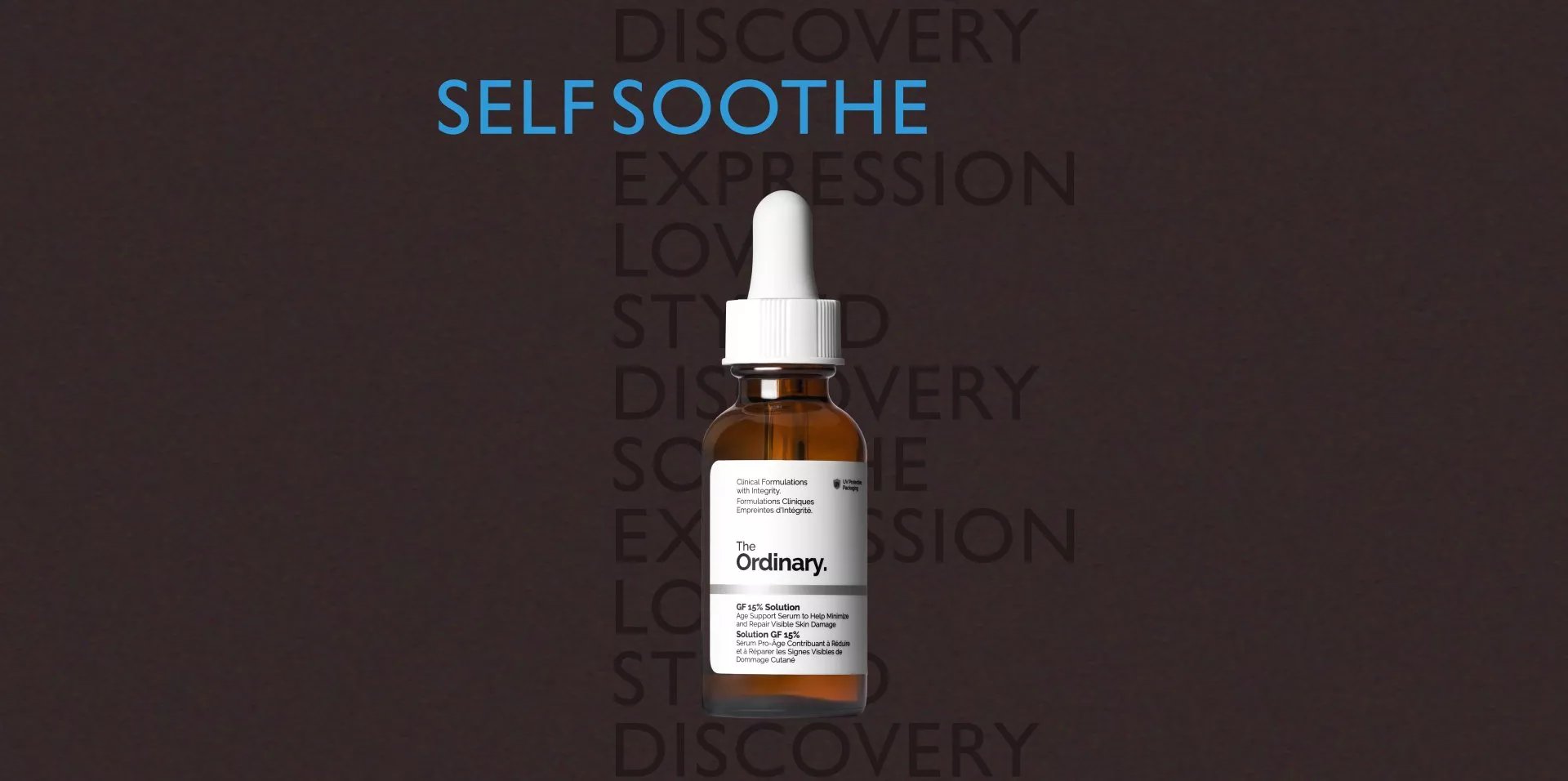 An amber glass dropper bottle of The Ordinary skincare serum centered against a dark brown background. The blue text "SELF SOOTHE" is featured at the top of the frame.