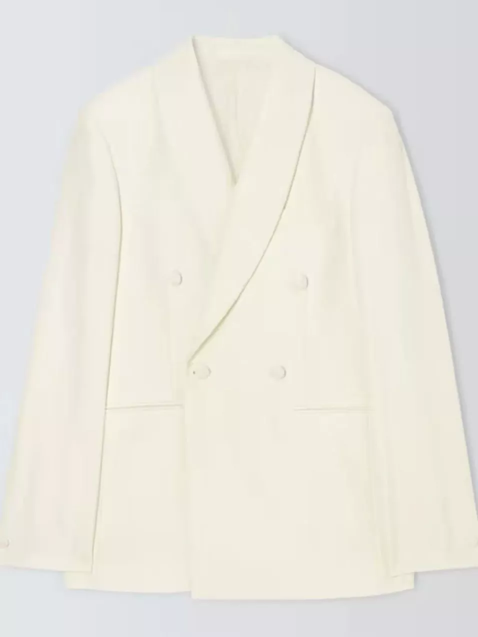 Cream double-breasted women’s blazer with shawl lapel and front pockets, tailored smart jacket on light background