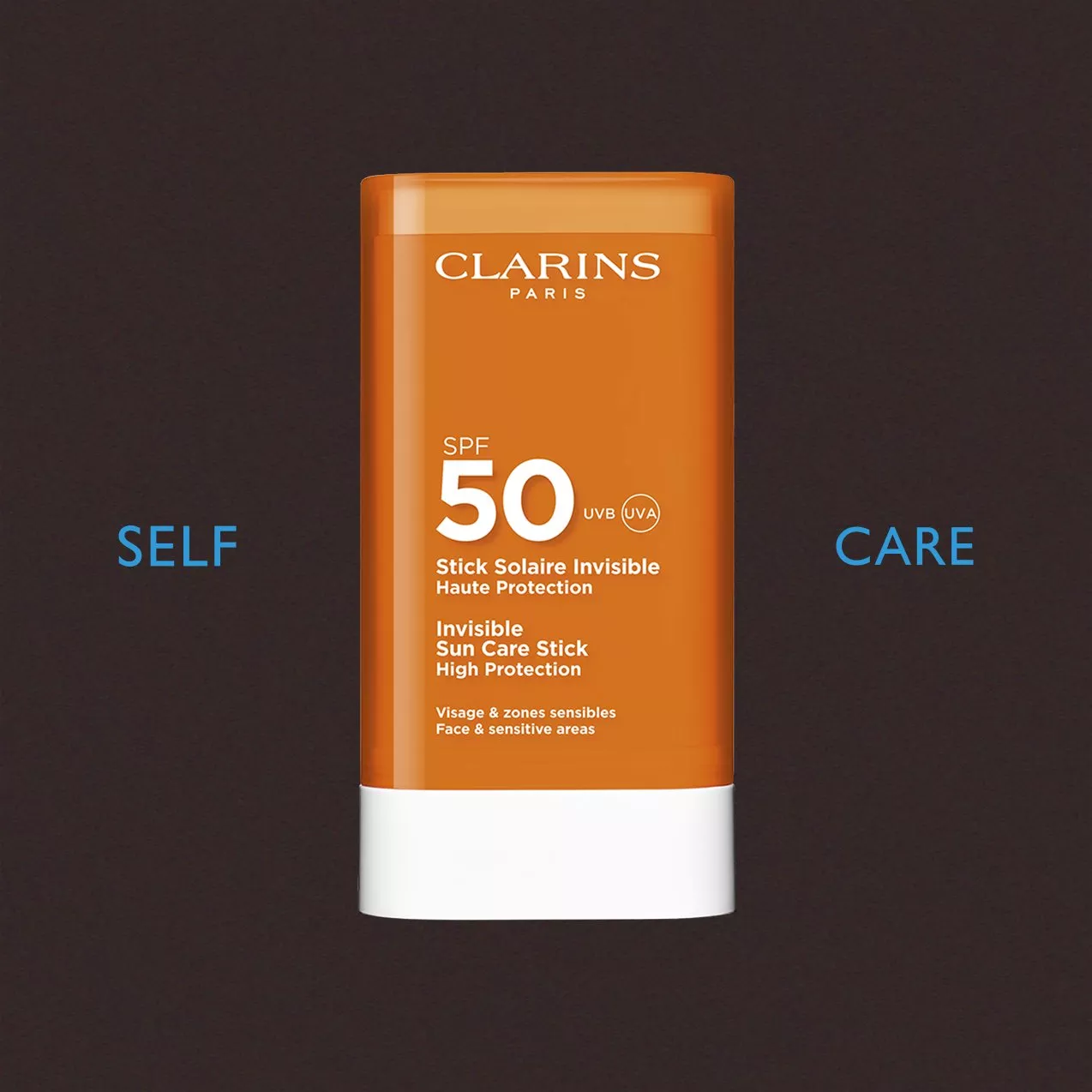 Clarins SPF 50 sun care stick for face and sensitive areas, emphasising self-care on a dark background.