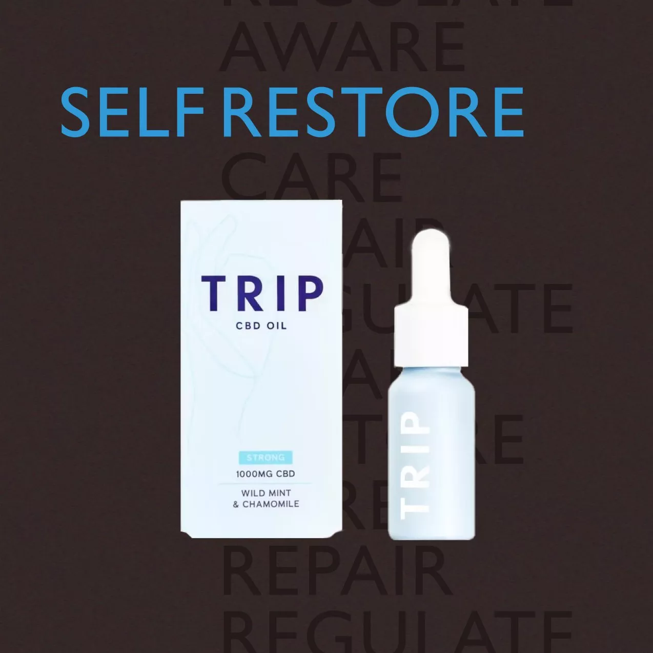 A promotional graphic for TRIP CBD Oil. The center features a white product box and a small frosted glass dropper bottle.
