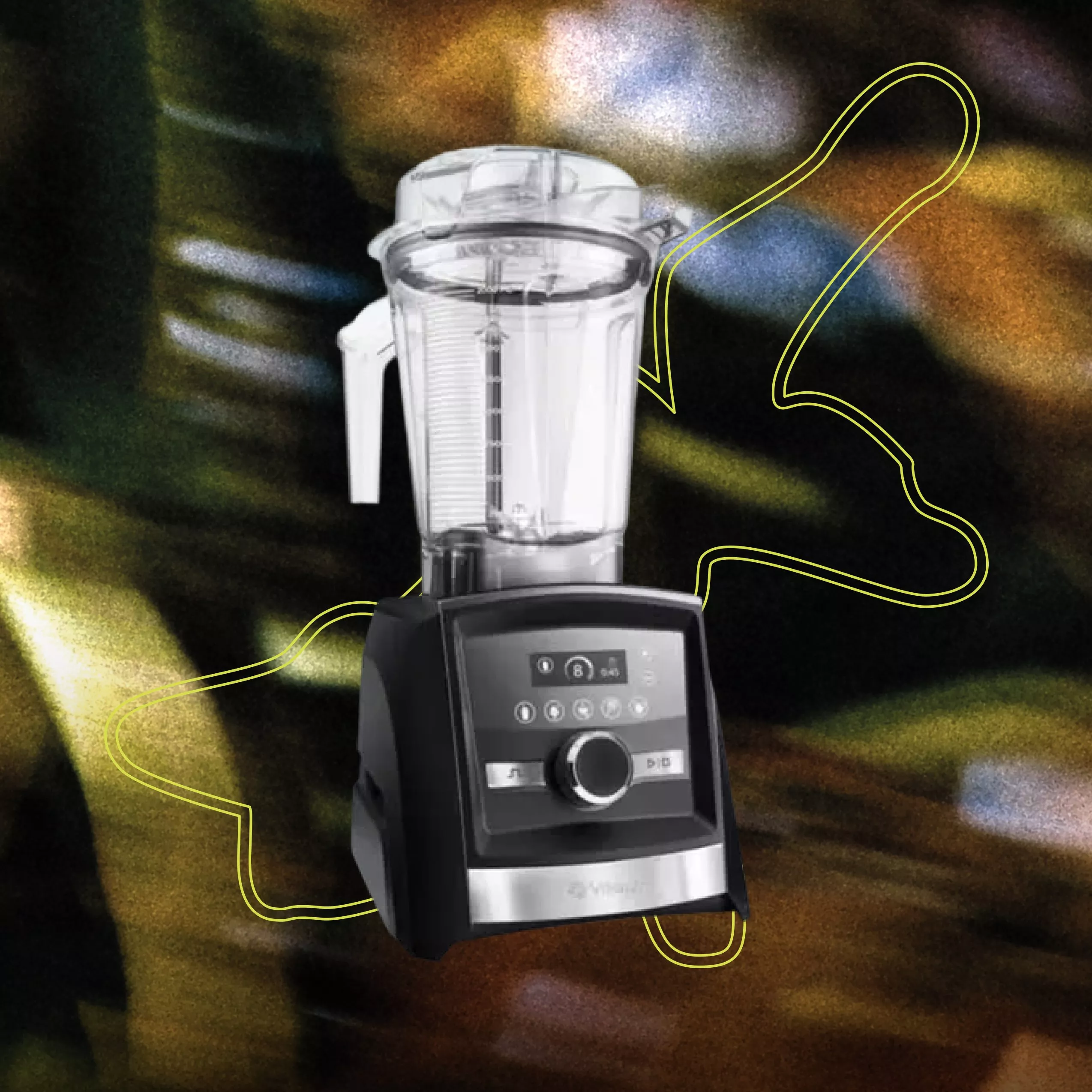 A high-performance black Vitamix blender with a clear pitcher, featuring a digital display and manual control