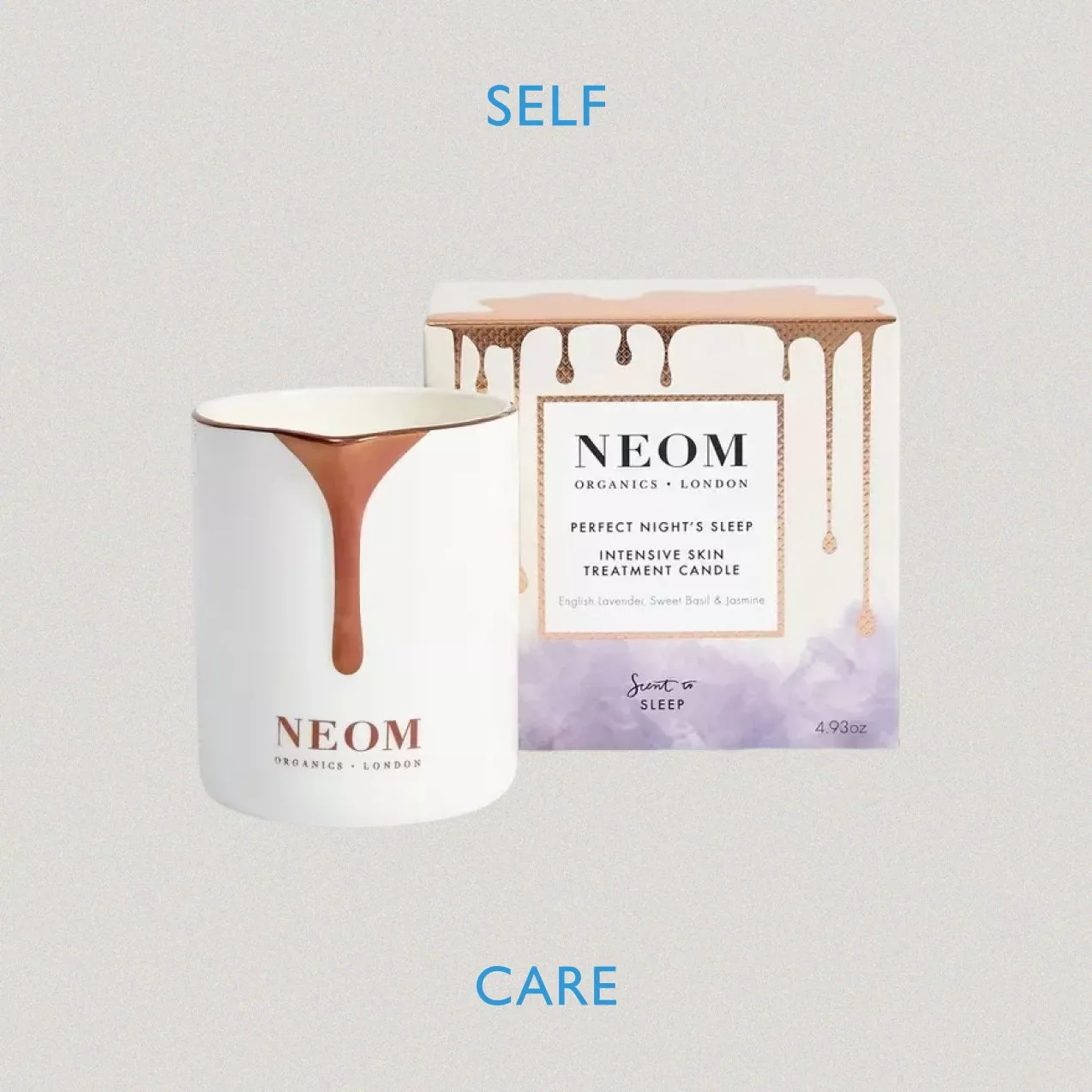 A NEOM Organics London "Perfect Night's Sleep" Intensive Skin Treatment Candle. The image shows the white ceramic candle jar with a pouring spout next to its decorative purple and gold packaging.