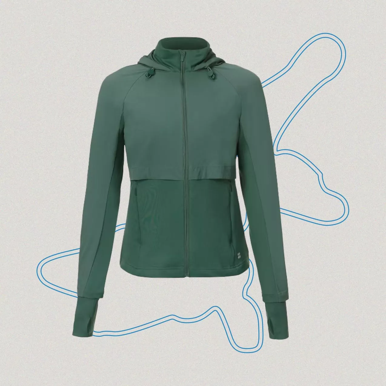 A dark green, hooded athletic windbreaker jacket with thumbholes, centered on a light grey background with blue topographical line accents.