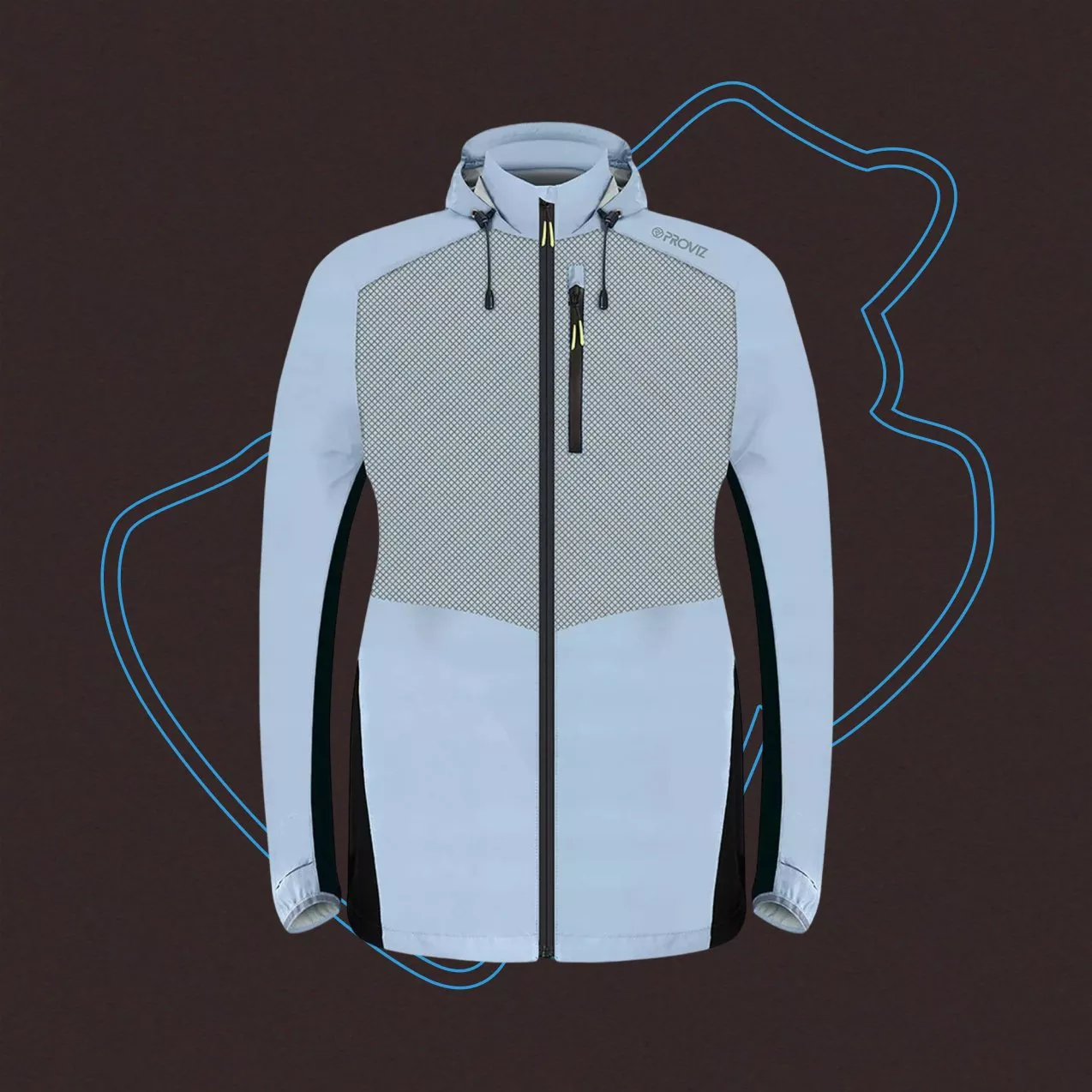 A light blue and grey technical zip-up jacket with black side panels, shown against a dark brown background with blue topographical line art.