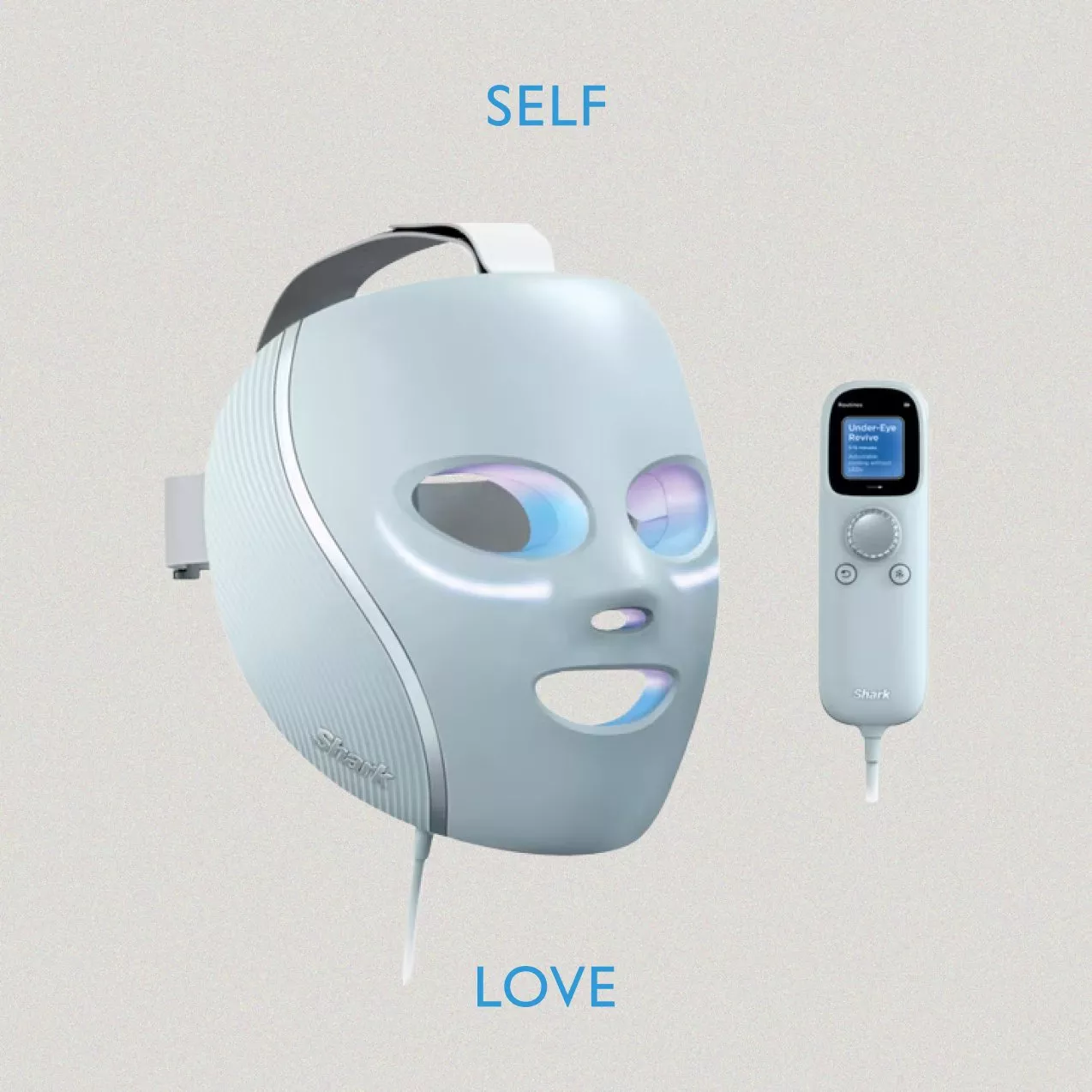 A futuristic light-blue LED facial therapy mask with a handheld controller, set against a light grey background. The text "SELF" is written above and "LOVE" is written below in blue.