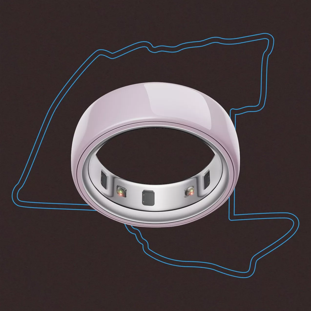 Pink oura ring with a brown and blue background