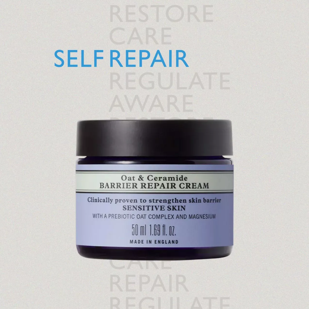 Oat & Ceramide Barrier Repair Cream jar with text highlighting "Self Repair" for sensitive skin care.