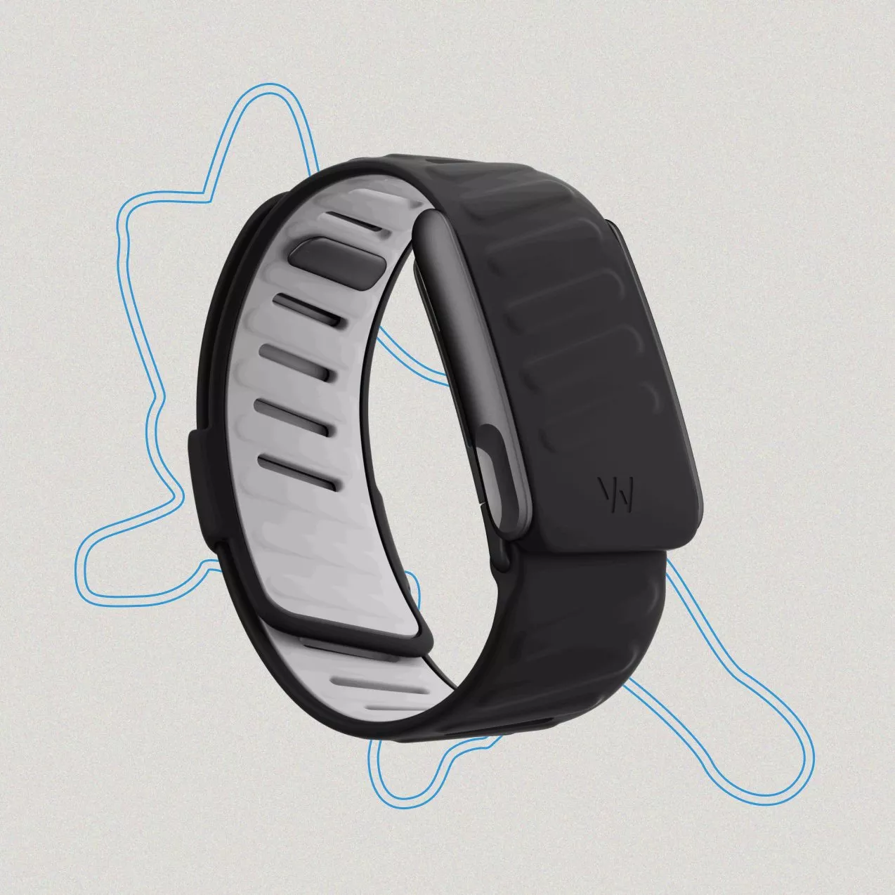 A sleek black wearable tech wristband with a textured band and modern design, set against a light background.