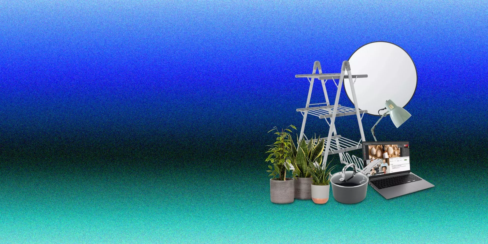 Home office setup with laptop, desk lamp, houseplants, saucepan and step ladder on blue gradient background