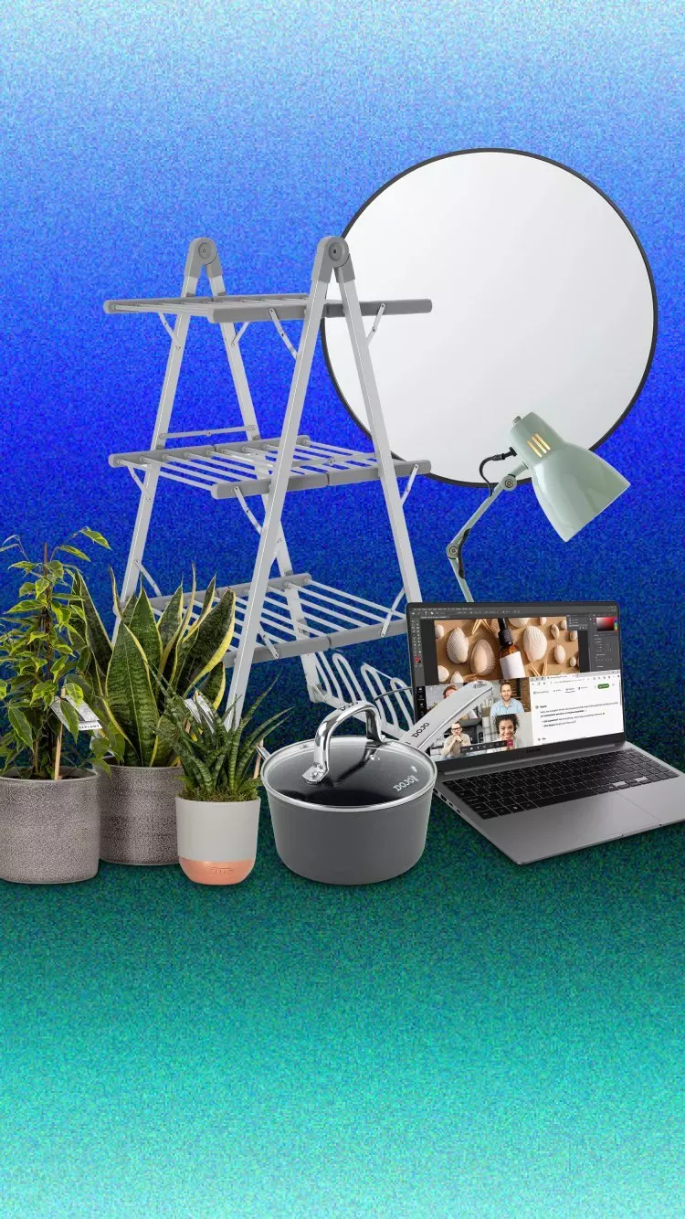 Home essentials collage featuring indoor plants, laptop, saucepan, desk lamp, mirror and folding rack on blue backdrop