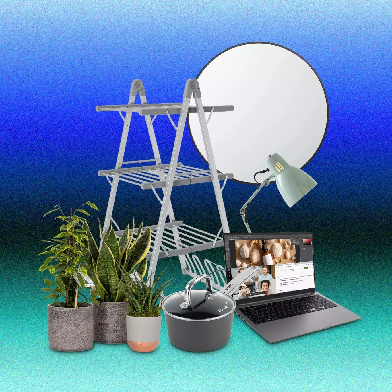 Home essentials collage: folding clothes airer, round mirror, desk lamp, laptop, saucepan and houseplants on blue background