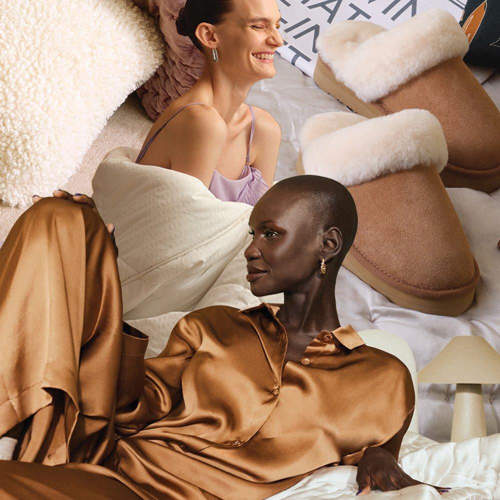 Collage of cosy pyjamas, slippers and throws