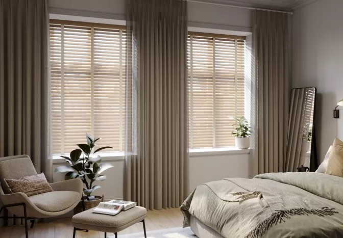 Bedroom with wooden blinds on the windows