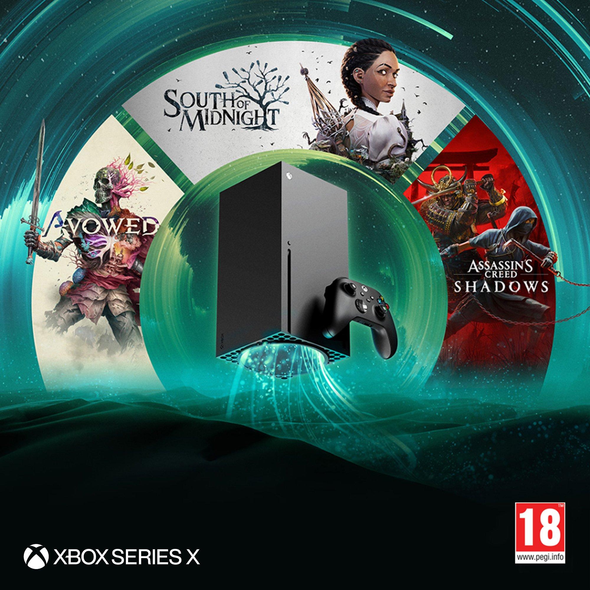 Xbox Series X console with controller surrounded by game art from Avowed, South of Midnight, and Assassin’s Creed Shadows.
