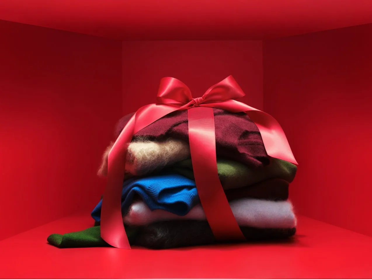 Stack of folded jumpers tied with a red ribbon in a gift box, cosy winter clothing present concept