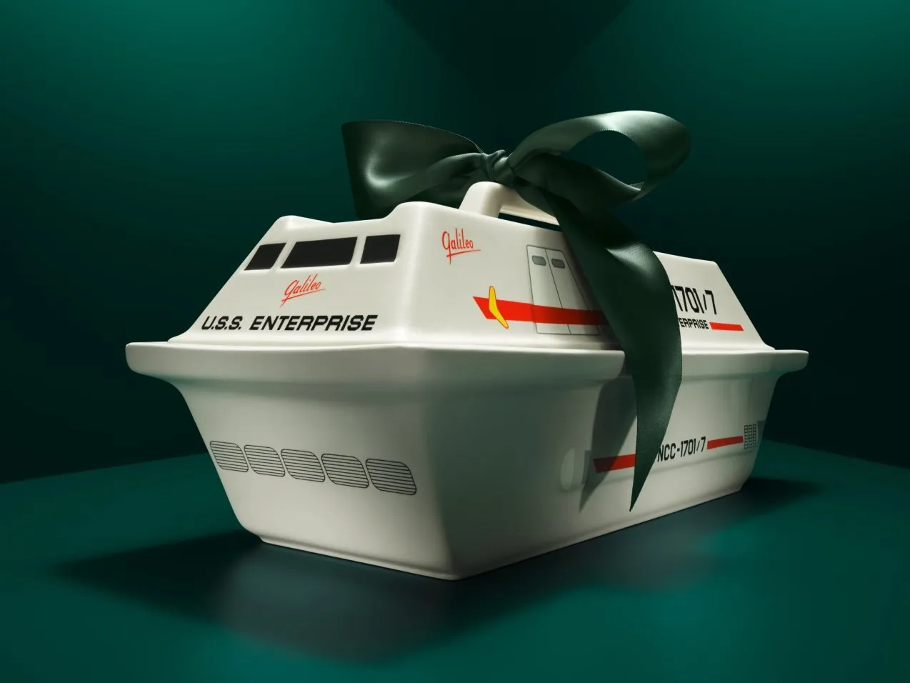 U.S.S. Enterprise Star Trek themed storage box gift, white container with black ribbon on green background