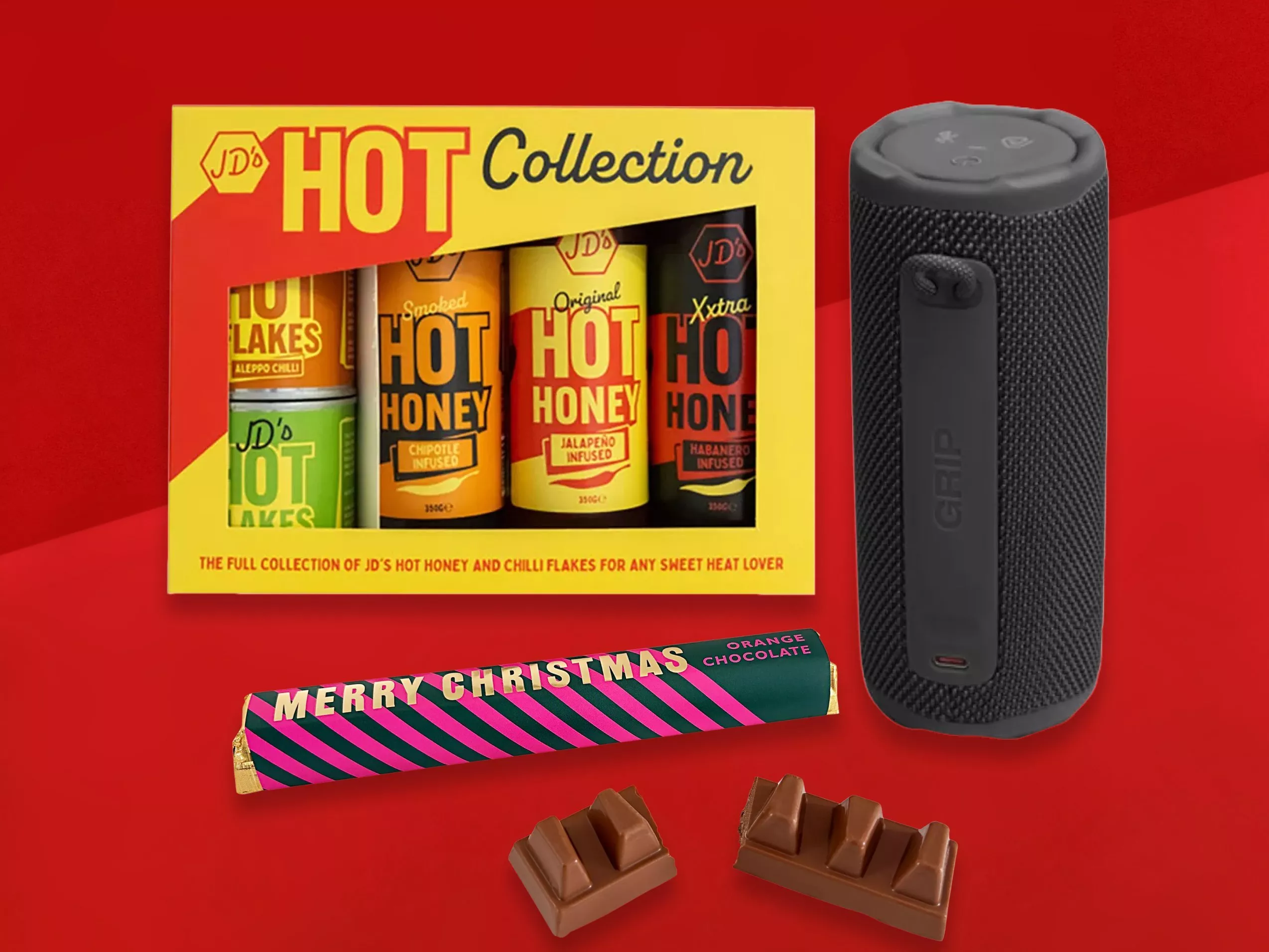 JD’s Hot Collection gift box with hot honey and chilli flakes, plus portable Bluetooth speaker and chocolate bar
