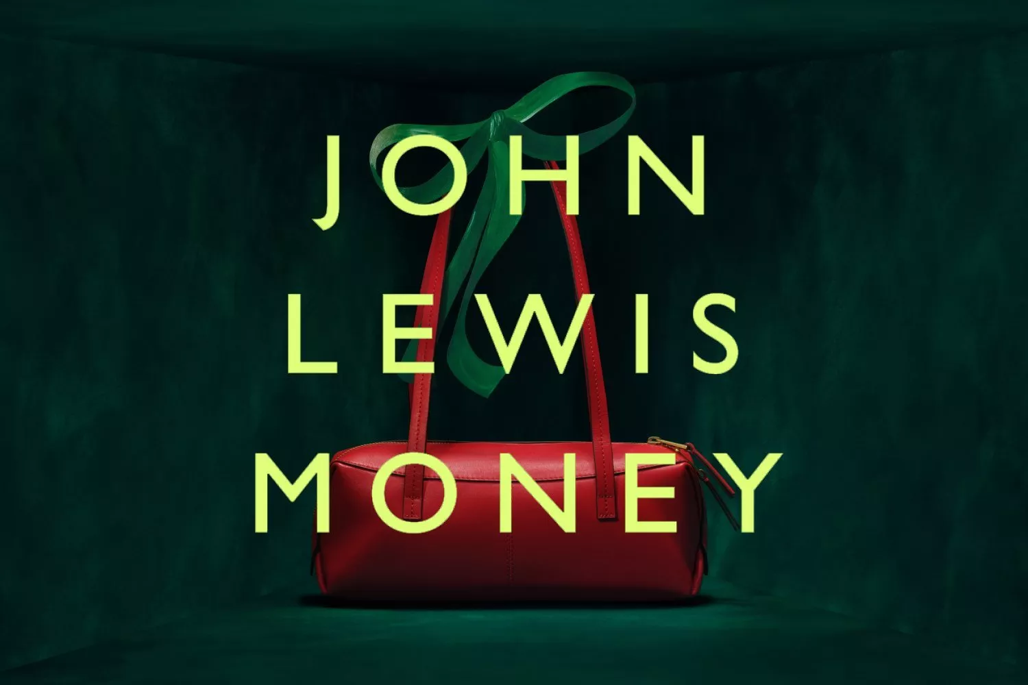 John Lewis Money logo on lime green square over dark teal background, representing UK financial services branding