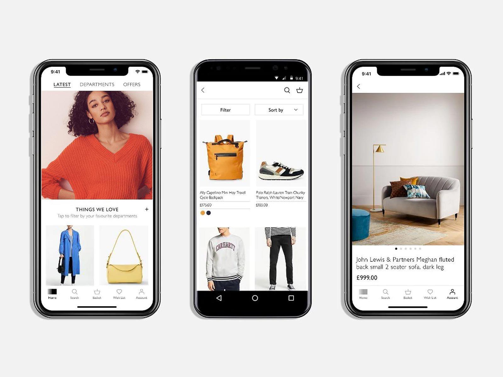 John Lewis & Partners app shown on three iPhone S