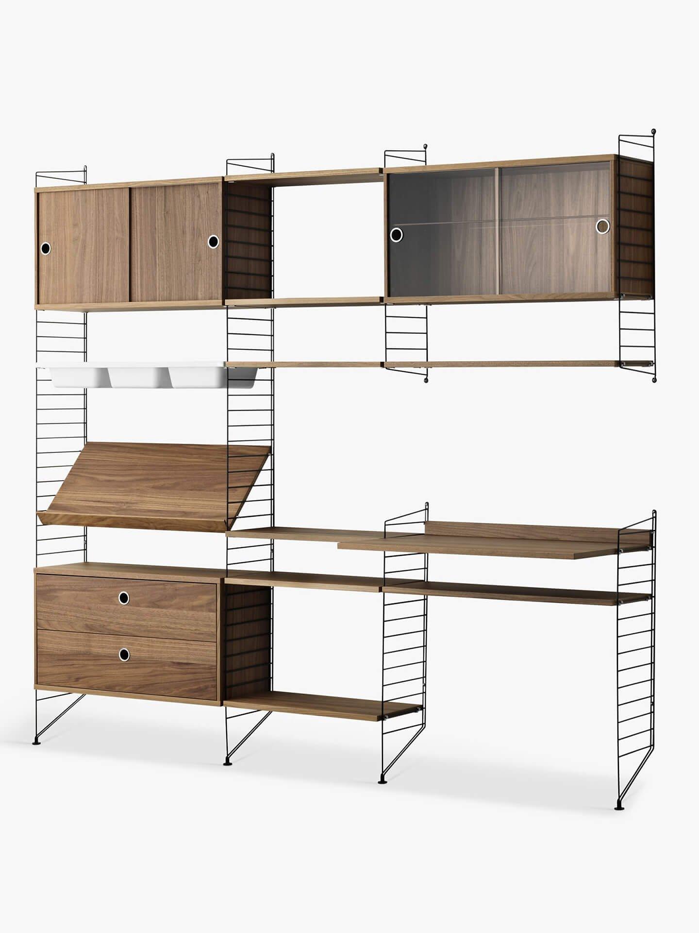 string Shelving Unit with Cabinets, Shelves, Bowl Shelf Section, Work Desk and Drawer Section, Walnut/Black