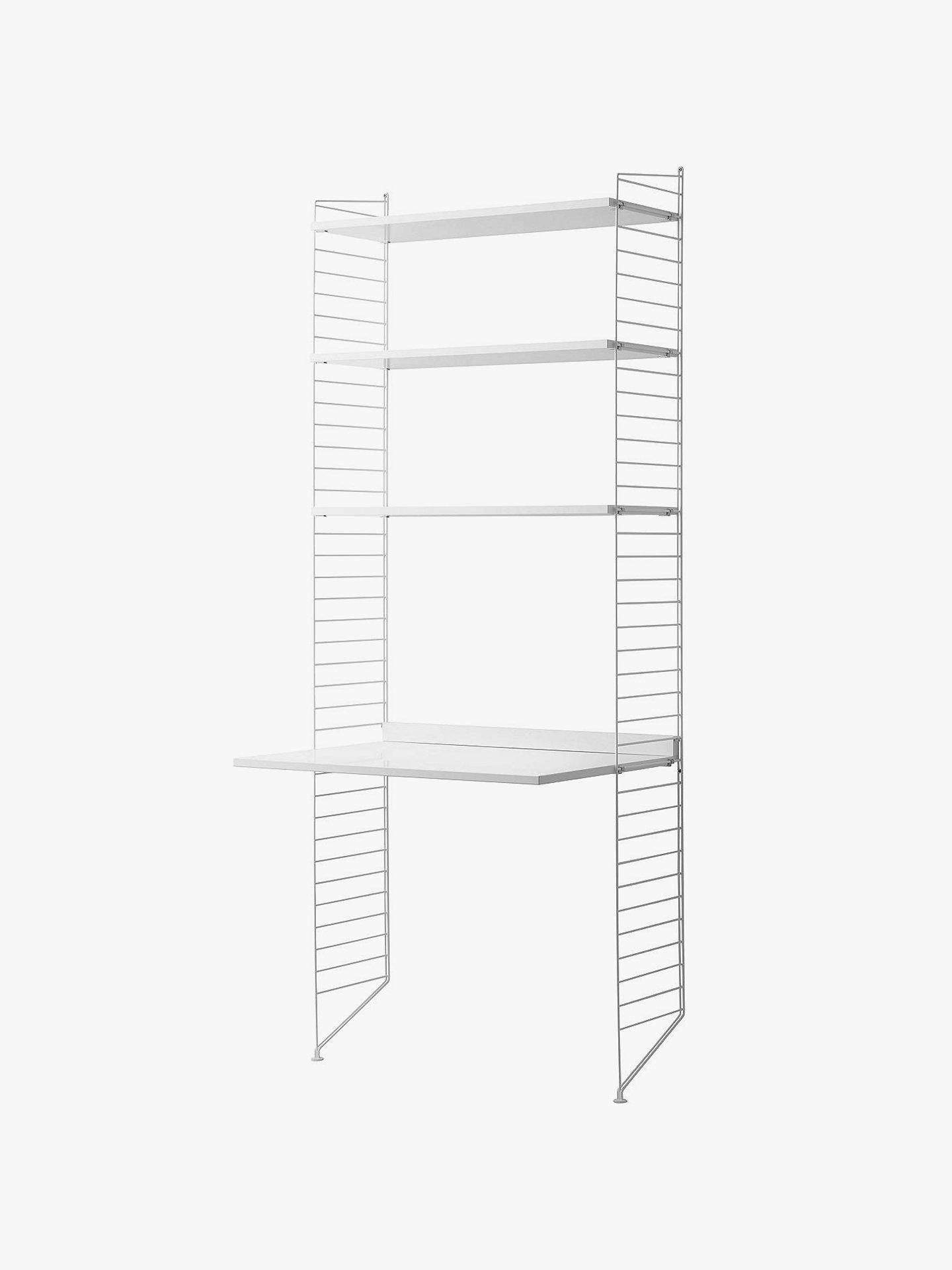 String Shelving Unit with Work Desk and Wall Fastened Side Racks, White