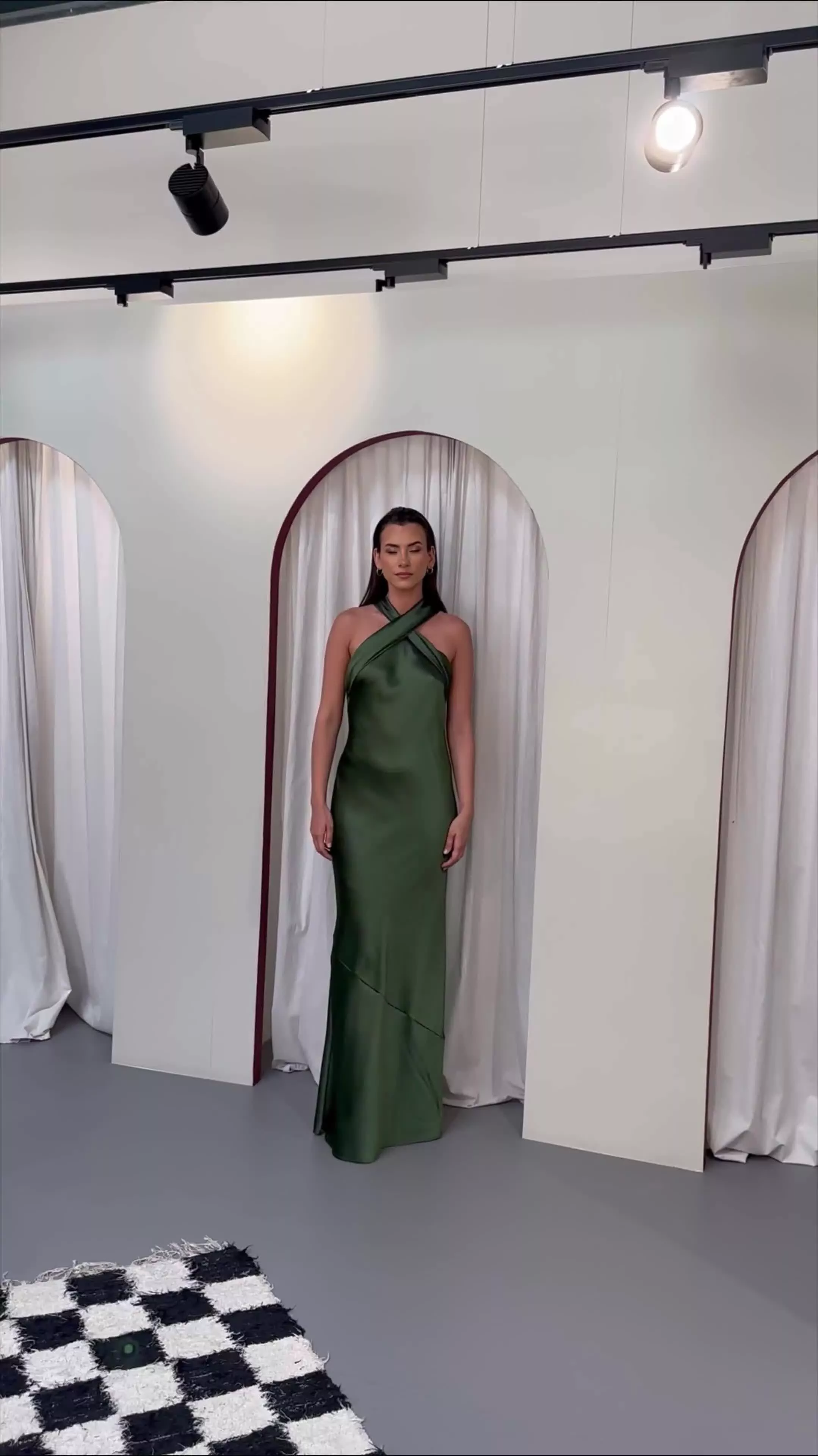 Rewritten Roma Halterneck Satin Maxi Dress, Olive Green