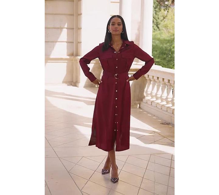 Sosandar Satin Utility Shirt Dress, Red